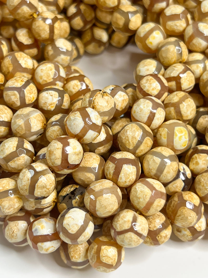 Faceted Natural Yellow Tibetan Agates Gemstone Beads | Round Loose Beads | 10mm 12mm | Jewelry DIY | 15" Strand