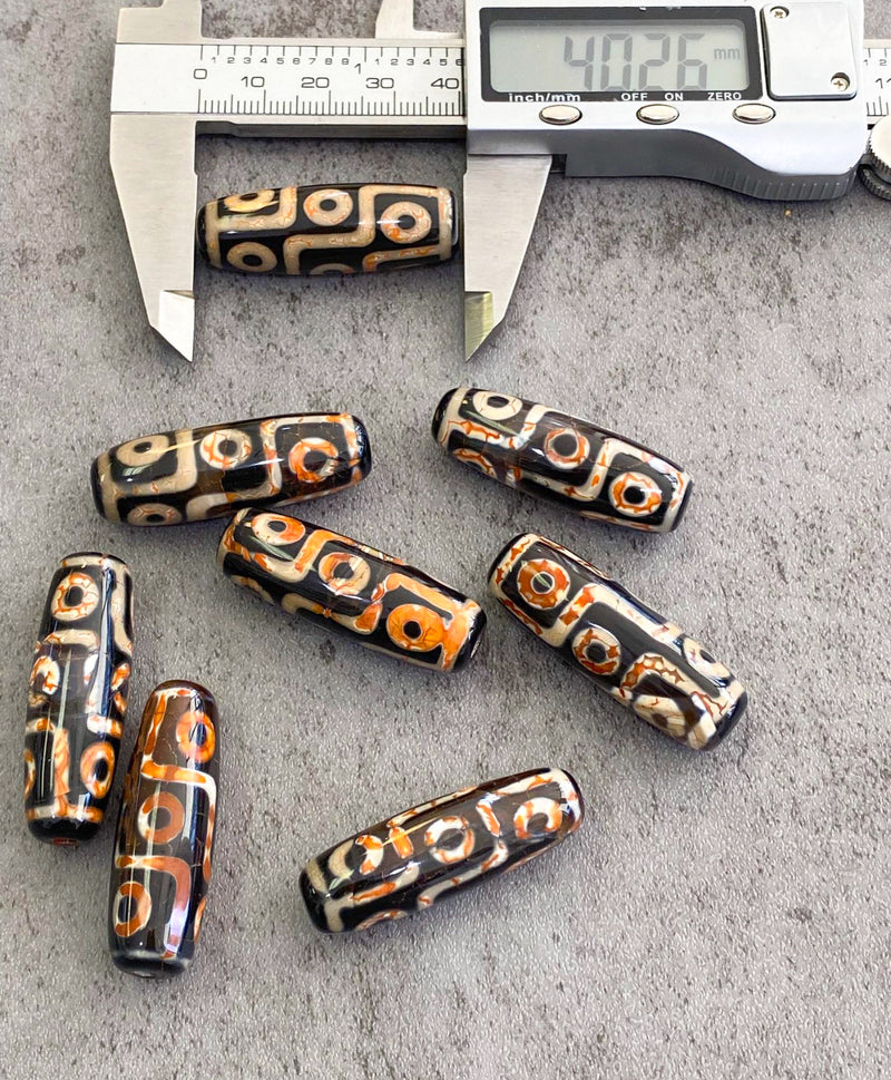 Natural Tibetan Agate Gemstone Bead | 12x40mm Barrel Shape Bead | Beautiful Natural Black, Cream, Orange Bead | DIY Jewelry |1 Piece