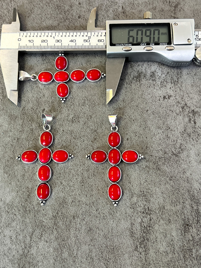 Stainless Steel Red Coral Cross Pendant