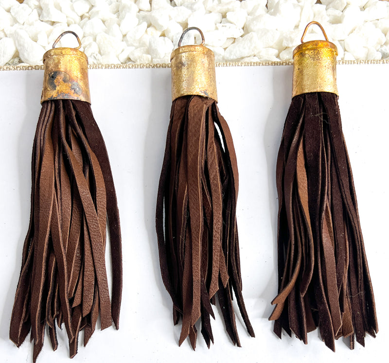Long Leather Tassels | Vintage Leather Tassels | Soldered Brass Tassel Caps | DIY Jewelry Designs | One Tassel