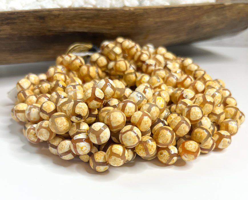 Faceted Natural Yellow Tibetan Agates Gemstone Beads | Round Loose Beads | 10mm 12mm | Jewelry DIY | 15" Strand