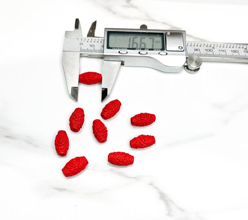 16mm Carved Cinnabar | 5 Carved Cinnabar Beads | Barrel Beads