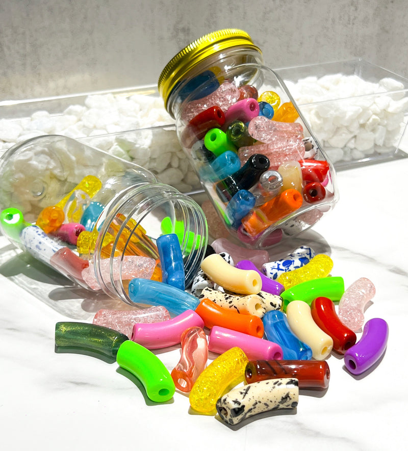 (50) Mixed Assortment of Acrylic Tubes or Acrylic Focal Beads | 12mm x 35mm Curved Tube for Bracelet Making | Acrylic Bamboo Beads | 12mm x 31mm Acrylic Focal Beads