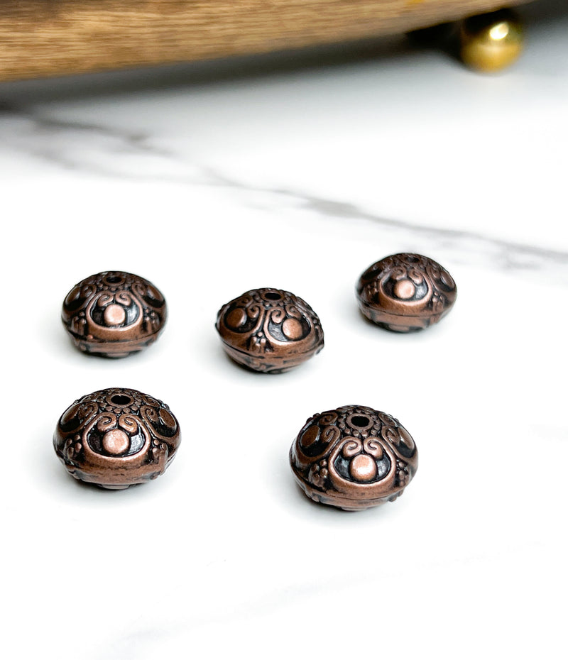 (5) 11x16mm Tibetan Antique Metal Beads | Antique Bronze and Antique Copper | Metal Flower Spacer Beads