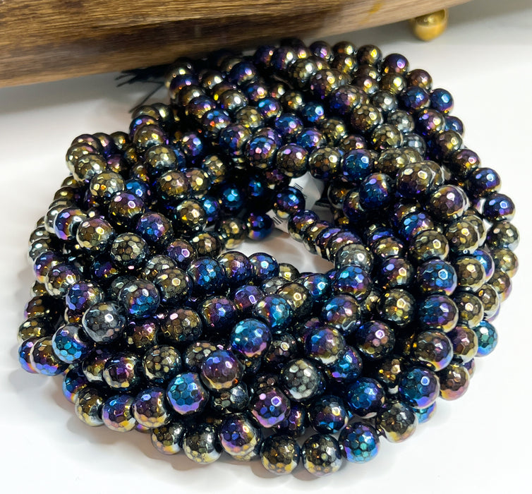 10mm Faceted Electroplated Black Agate Gemstone Beads | Coated Agate | AB Agate | Mystic Coated |15" Strand 38 Beads per Strand