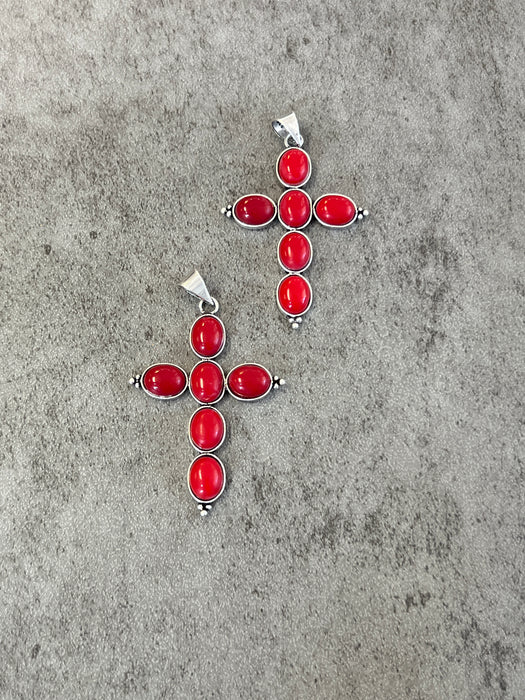 Stainless Steel Red Coral Cross Pendant