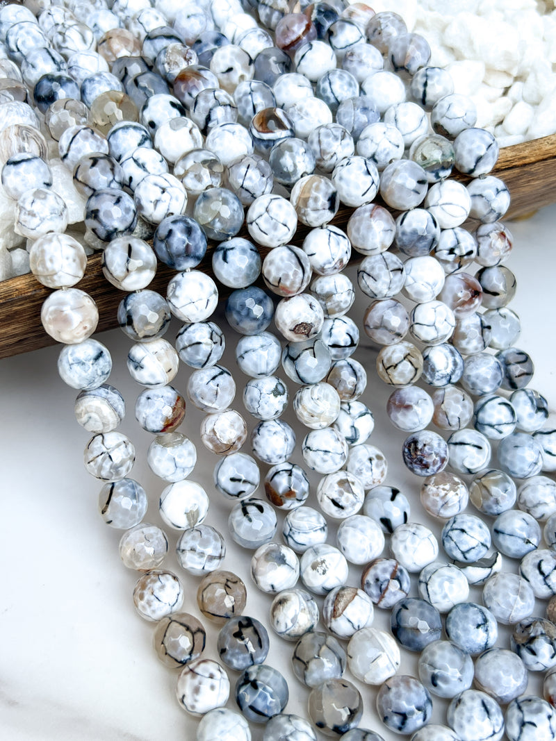 12mm Faceted Fire Agate | White and Black Fire Agate | DIT Jewelry Designs | 32 Beads per strand