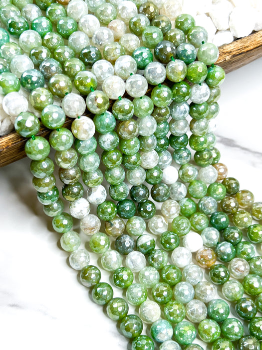 10mm Faceted Electroplated Green Fire Agate Gemstone Beads