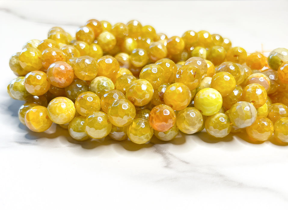 12mm Faceted Electroplated Yellow Fire Agate Gemstone Beads | Clear Coated Agate |  Bright  Yellow | DIY Gemstone Jewelry | 15” Strand 32 Beads per Strand