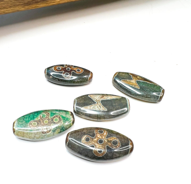 40mm Green and Brown Tibetan Agate Focal Beads | Tibetan Beads | Dzi Focal Beads | 14mm x 40mm