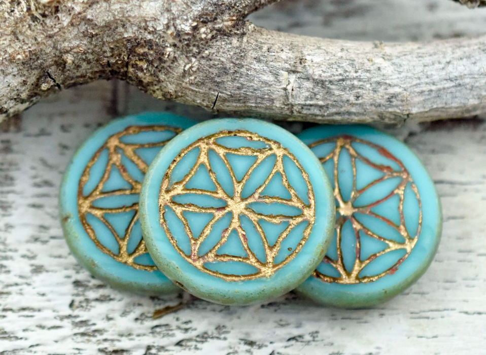 2x19mm Bronze Washed Picasso Flower of Life Coin Beads | Turquoise Coin Beads | Royal Blue Coin Beads | DIY Projects