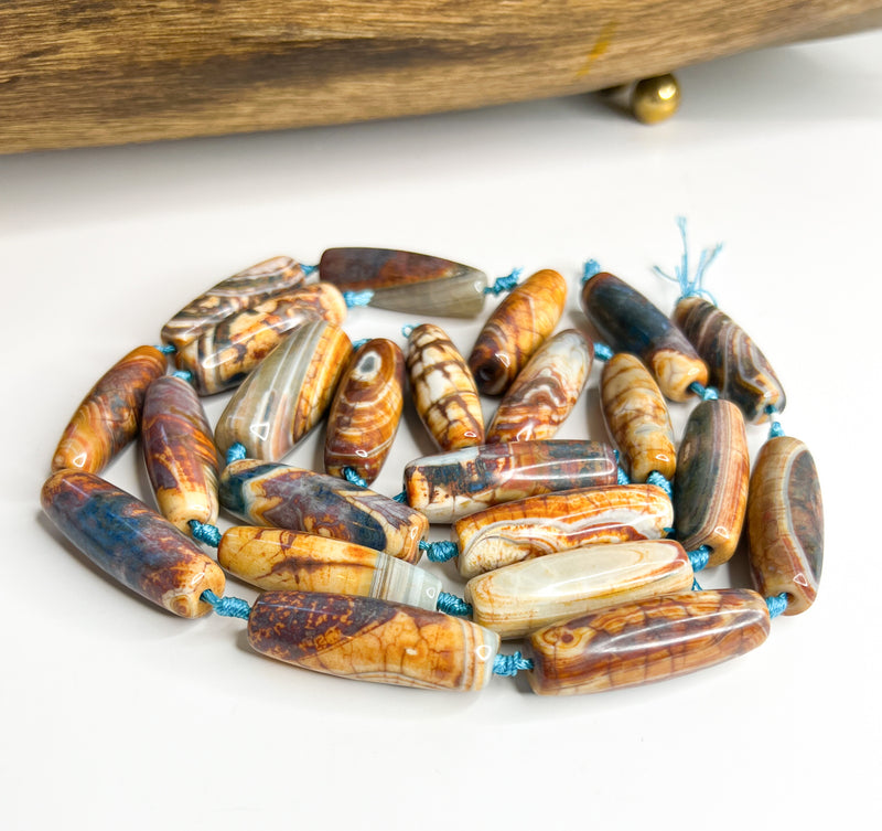 40x14mm Tibetan Agate Focal Gemstone Beads | Blue and Brown Agate Focal Beads | Centerpiece Bead DIY Jewelry Designs | 1 Bead