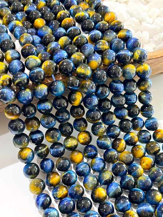 12mm Smooth Blue and Yellow Tigers Eye | Tigers Eye Gemstone Beads | Healing Properties | DIY Jewelry Making