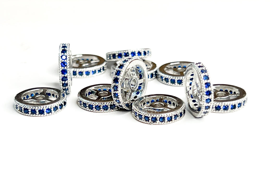 12mm Silver and Blue Crystals Micro Pave’ Wheel Spacers | 12mm Silver Spacers | Micro Pave Wheel Spacers | Rondelle Brass Micro Pave Crystal Clear CZ Stone Beads