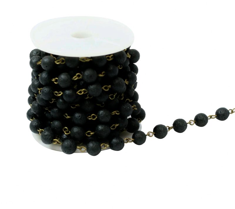 Natural Black Lava Round Rosary Chain in Copper Wire