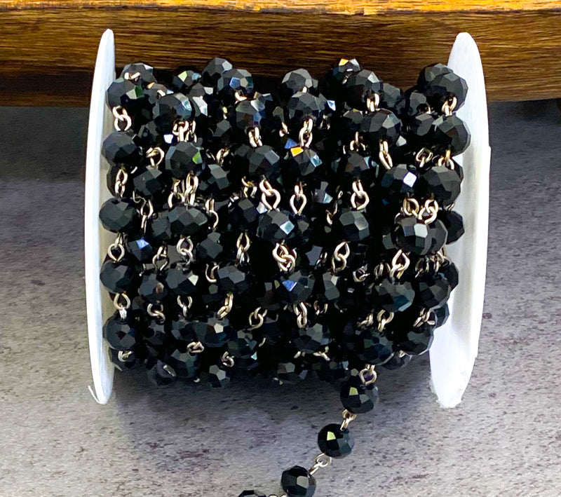 5x8mm Black Faceted Crystal Rosary Chain with Silver Wire