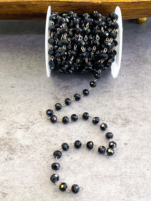 5x8mm Black Faceted Crystal Rosary Chain with Silver Wire