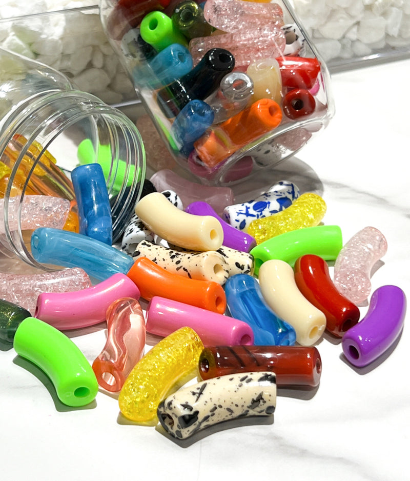 (50) Mixed Assortment of Acrylic Tubes or Acrylic Focal Beads | 12mm x 35mm Curved Tube for Bracelet Making | Acrylic Bamboo Beads | 12mm x 31mm Acrylic Focal Beads