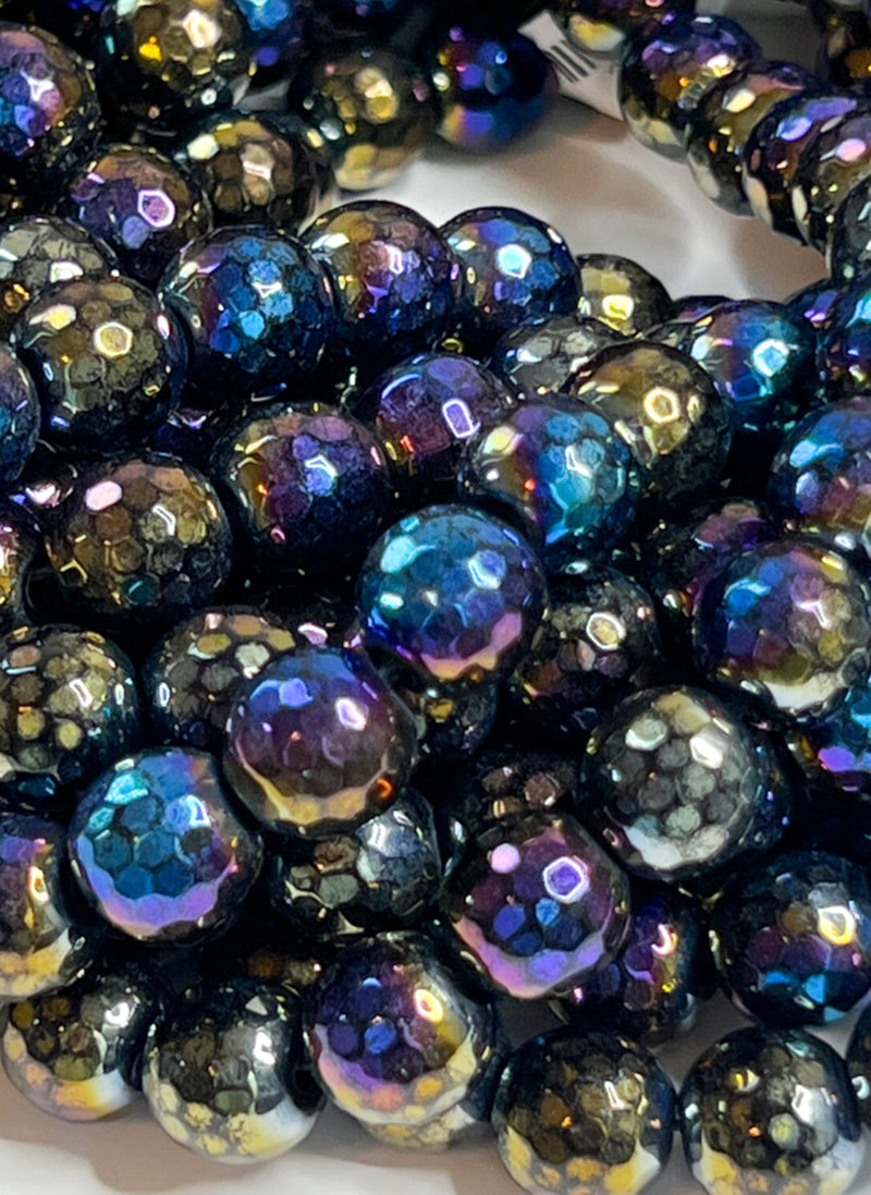 10mm Faceted Electroplated Black Agate Gemstone Beads | Coated Agate | AB Agate | Mystic Coated |15" Strand 38 Beads per Strand