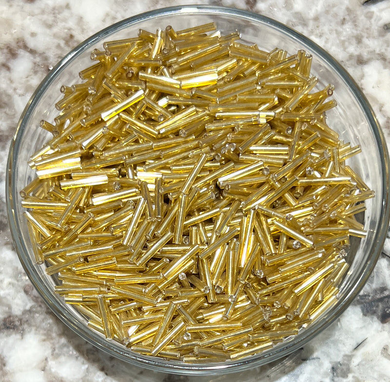 10x1.5mm Gold Silver Lined Glass Bugle Seed Beads