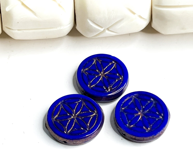2x19mm Bronze Washed Picasso Flower of Life Coin Beads | Turquoise Coin Beads | Royal Blue Coin Beads | DIY Projects