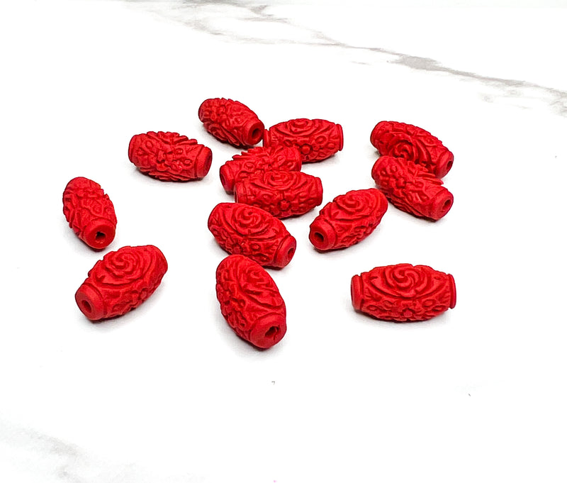 16mm Carved Cinnabar | 5 Carved Cinnabar Beads | Barrel Beads