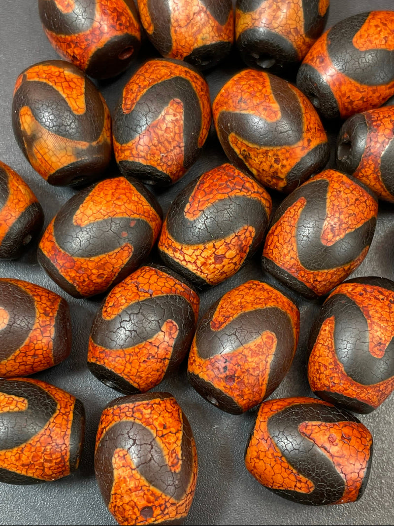 12x15mm Tibetan Beads – Handcrafted Orange & Black Barrel Beads (Sold Per Piece)