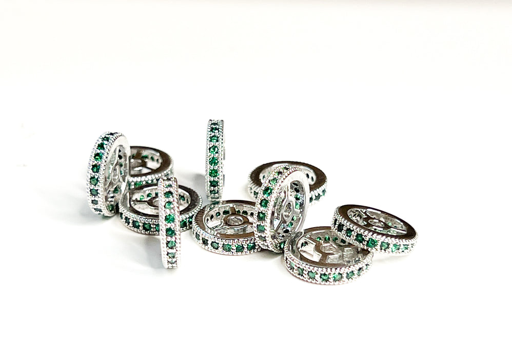12mm Silver and Green Crystals Micro Pave’ Wheel Spacers | 12mm Silver Spacers | Micro Pave Wheel Spacers | Rondelle Brass Micro Pave Crystal Clear CZ Stone Beads