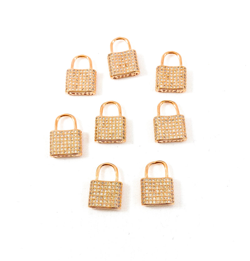 Rose Gold and Clear Crystals Micro Pave’ Lock Charm | 16.5mm Rose Gold Charm | Micro Pave Charm